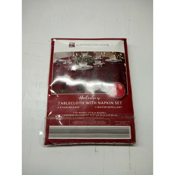 Huntington Home Holiday Tablecloth + 6-17" Napkins Set 70in Round Red New - Picture 1 of 2